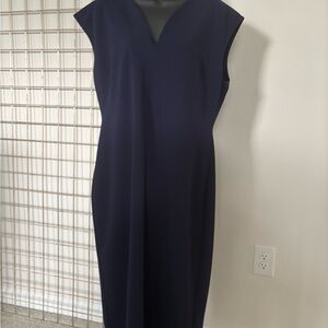 New York & Company Blue Sheath Midi Dress V-Neck Cap Sleeve